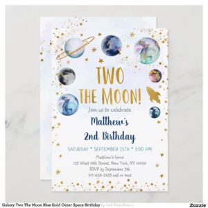 Galaxy Two The Moon Blue Gold Outer Space Birthday Invitation