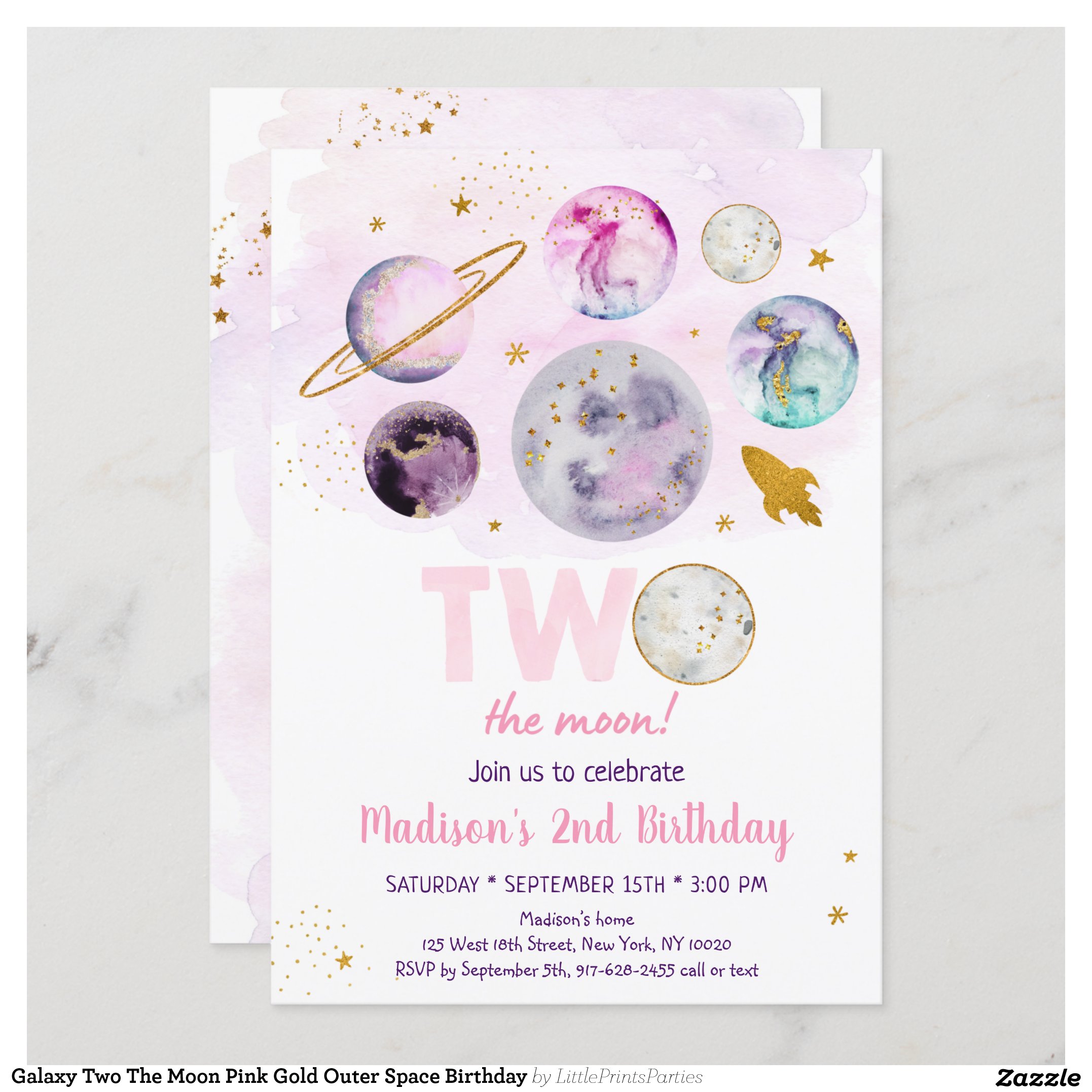 Galaxy Two The Moon Pink Gold Outer Space Birthday Invitation