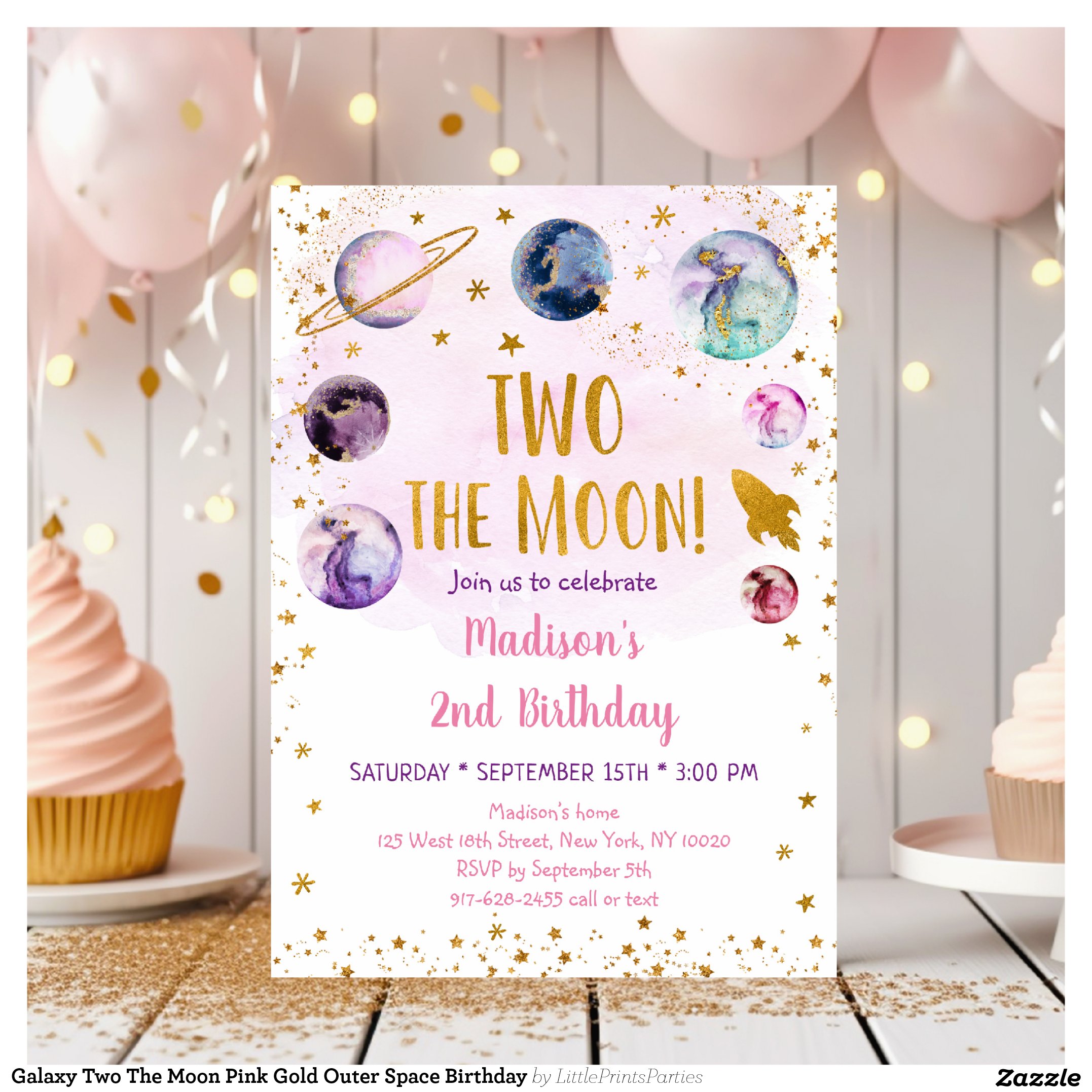 Galaxy Two The Moon Pink Gold Outer Space Birthday Invitation