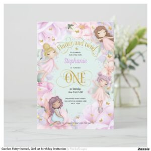 Garden Fairy themed, Girl 1st birthday Invitation