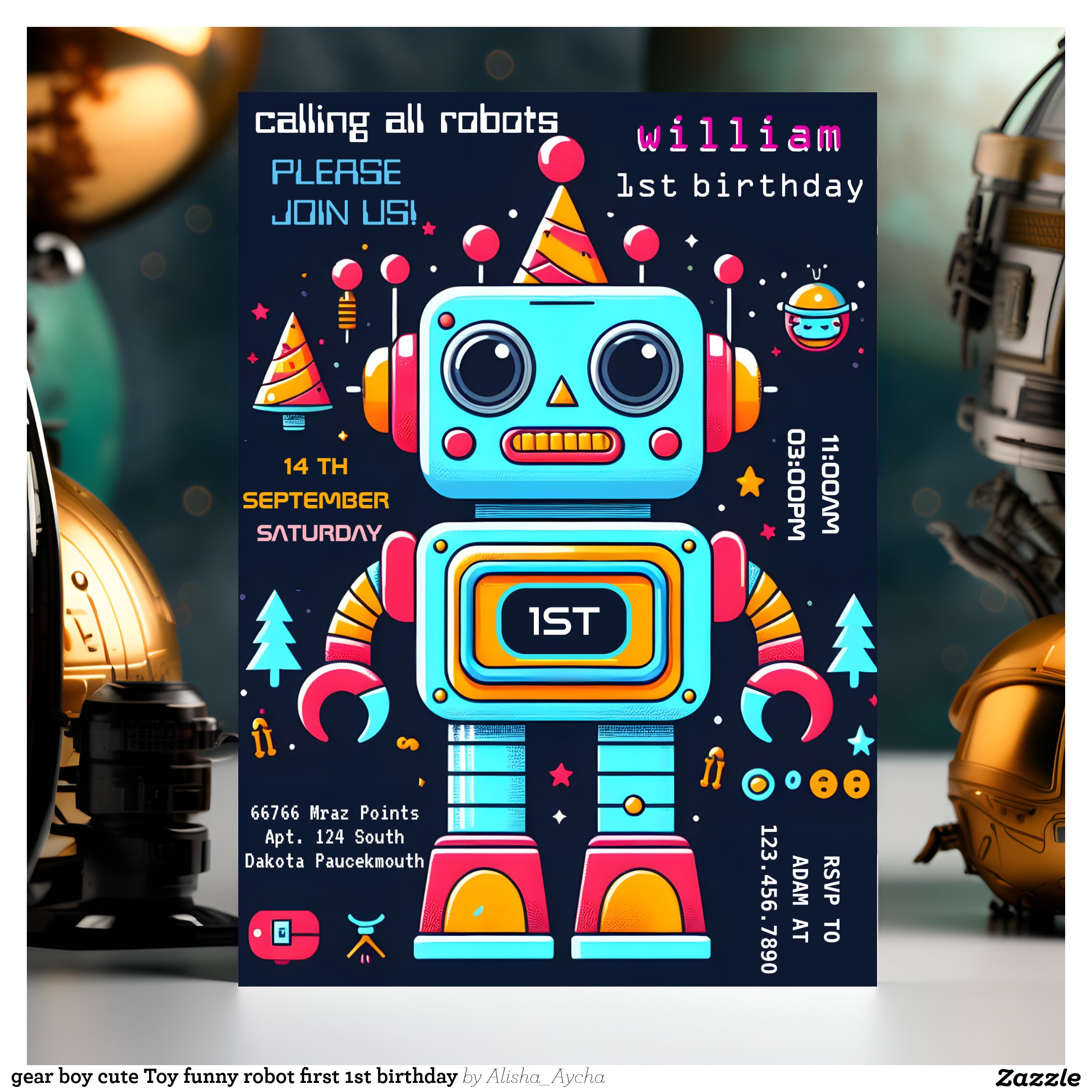 gear boy cute Toy funny robot first 1st birthday Invitation