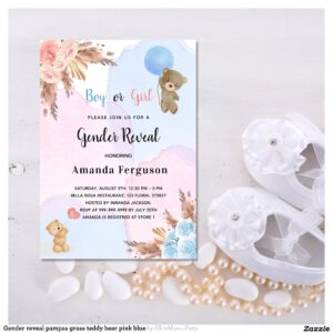 Gender reveal pampas grass teddy bear pink blue invitation