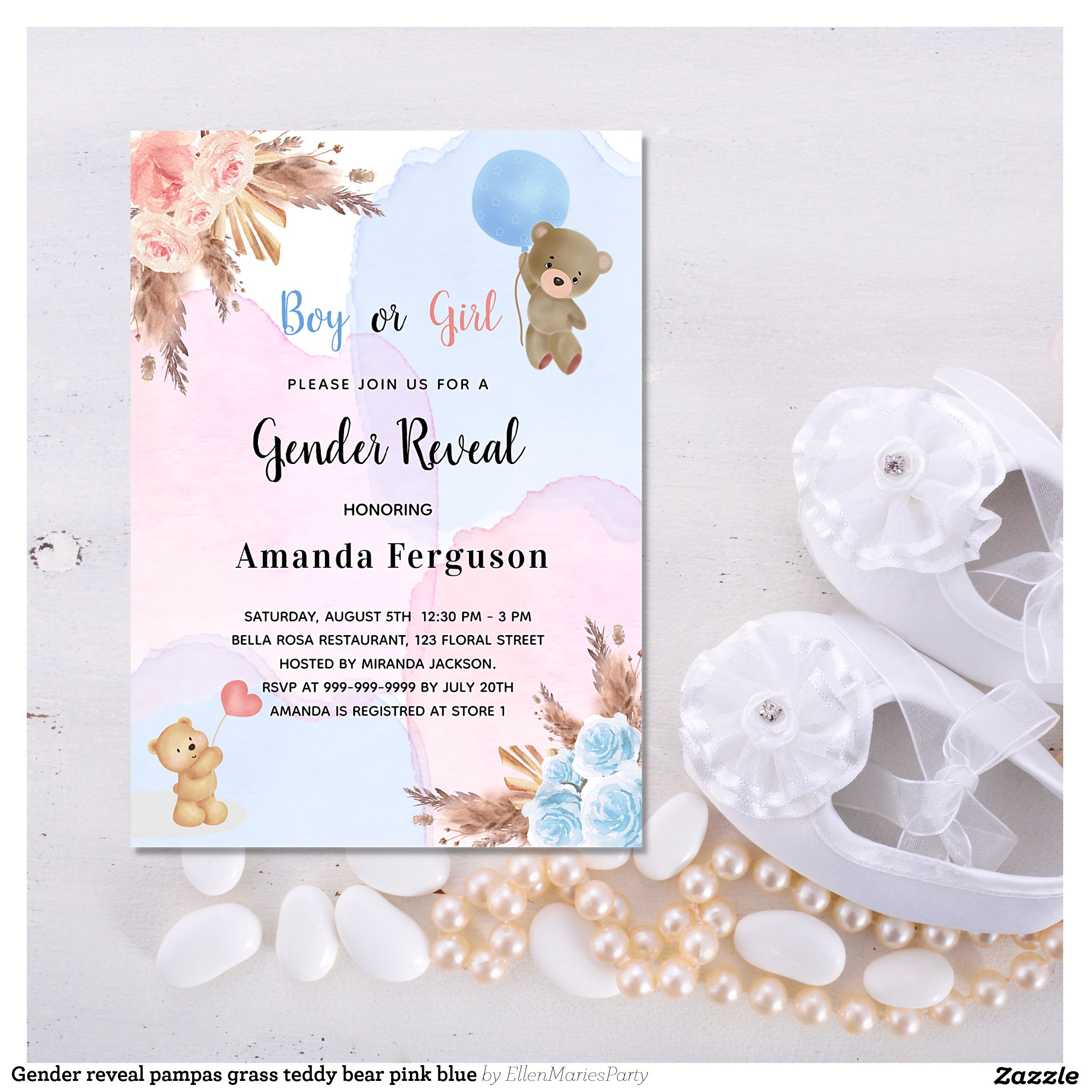 Gender reveal pampas grass teddy bear pink blue invitation