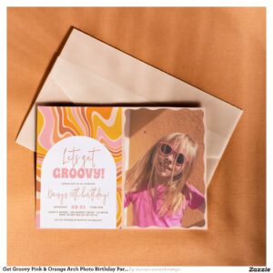 Get Groovy Pink & Orange Arch Photo Birthday Party Invitation