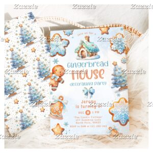 Gingerbread house decorating party blue Birthday Invitation