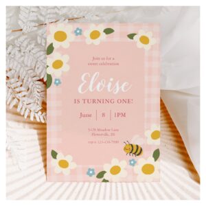 Gingham Bee & Daisies Birthday Invitation