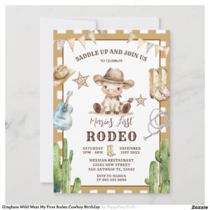 Gingham Wild West My First Rodeo Cowboy Birthday Invitation