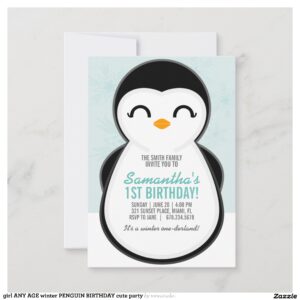 girl ANY AGE winter PENGUIN BIRTHDAY cute party Invitation