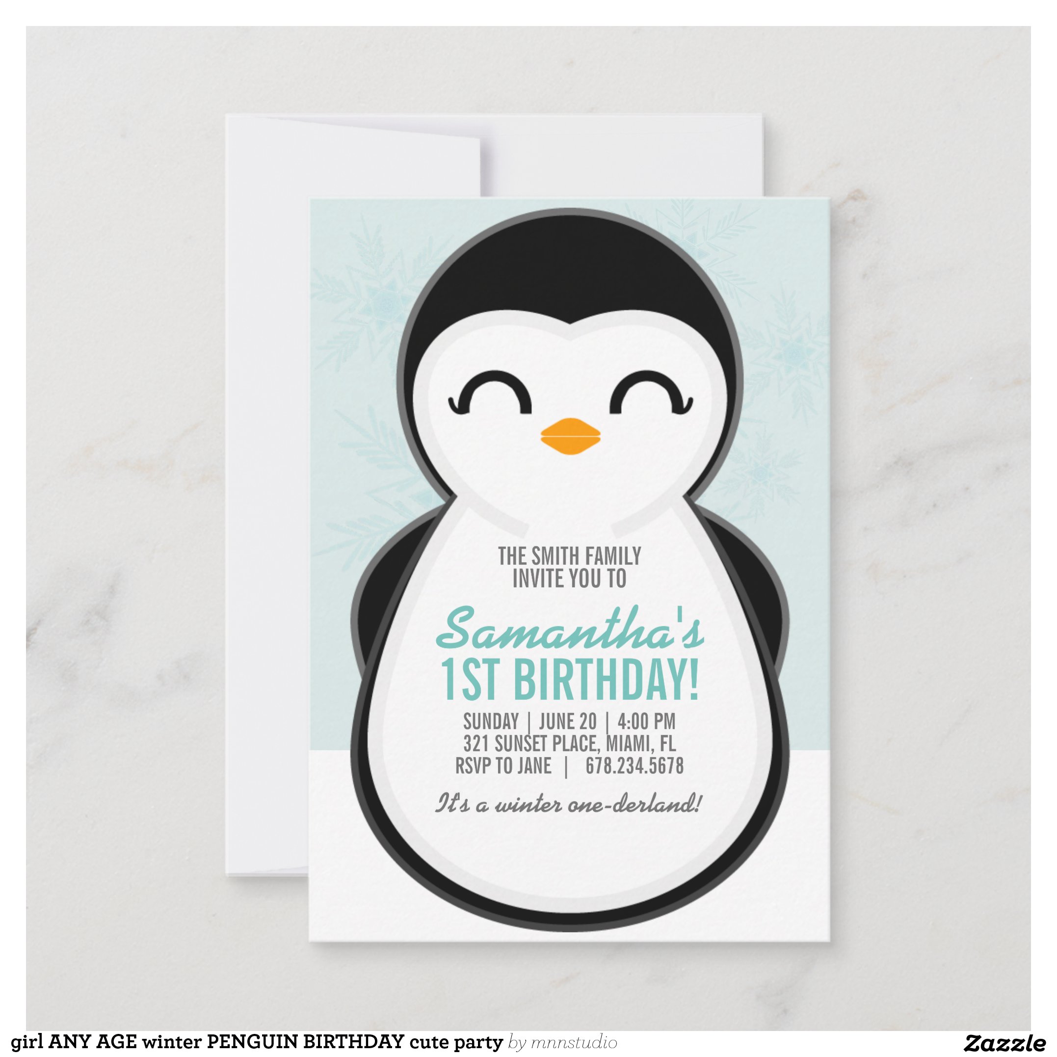 girl ANY AGE winter PENGUIN BIRTHDAY cute party Invitation