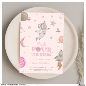 GIRL ASTRONAUT, SPACE 4TH BIRTHDAY, Invitation