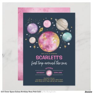 Girl Outer Space Galaxy Birthday Navy Pink Gold Invitation