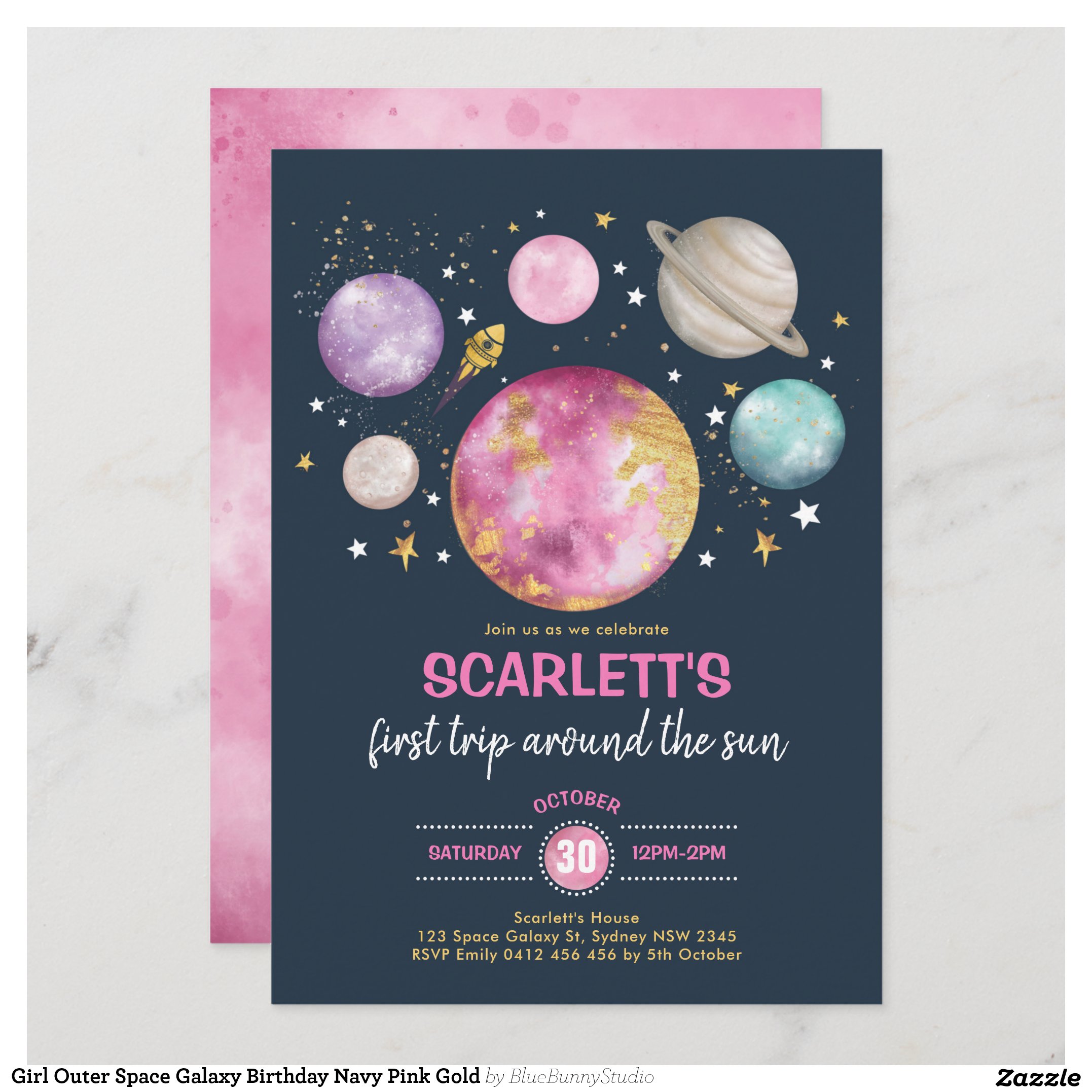 Girl Outer Space Galaxy Birthday Navy Pink Gold Invitation