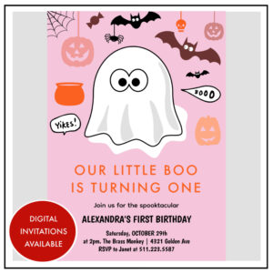 Girl Pumpkin Pink Ghost Halloween 1st birthday Invitation