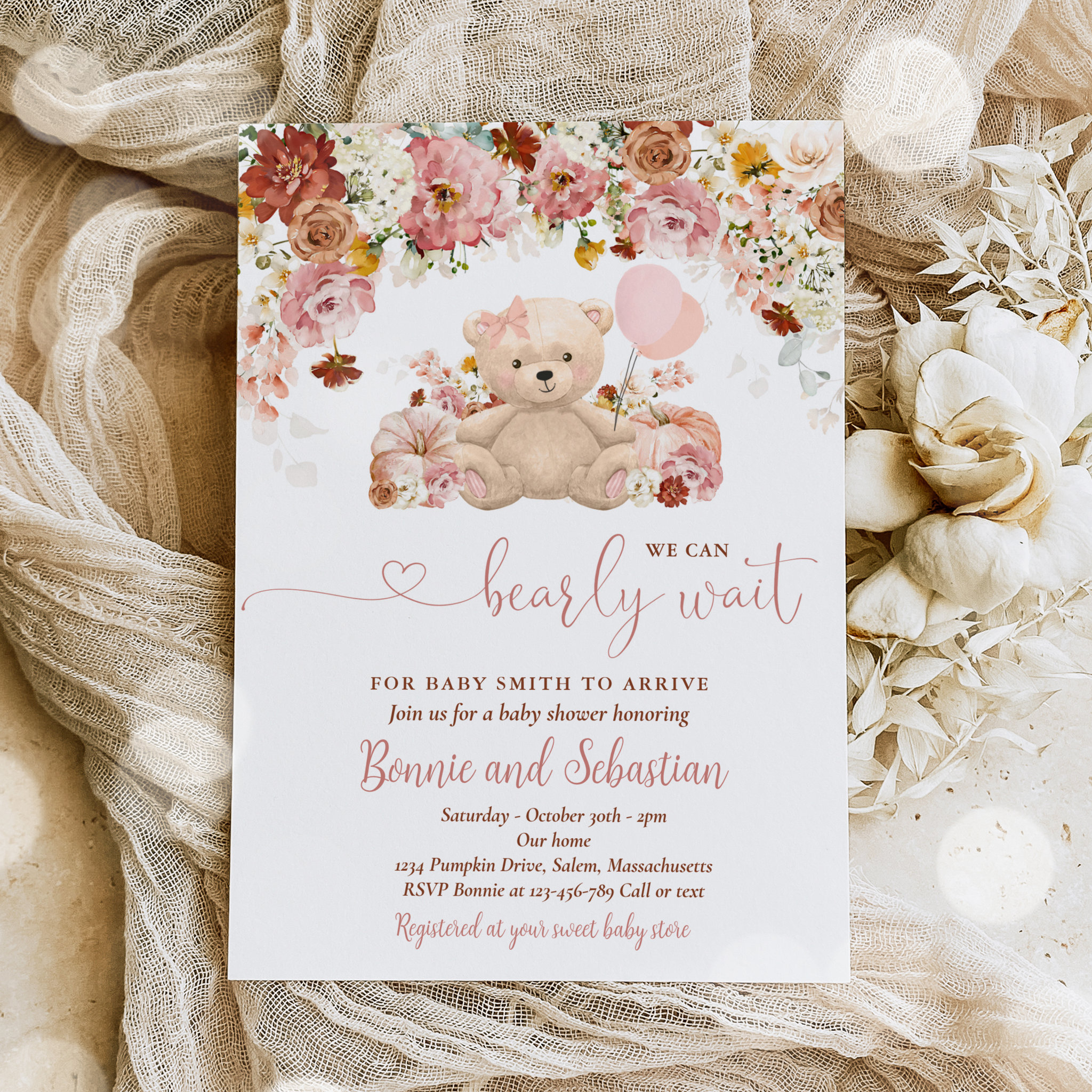 Girl Pumpkin Teddy Bear Floral Fall Baby Shower Invitation