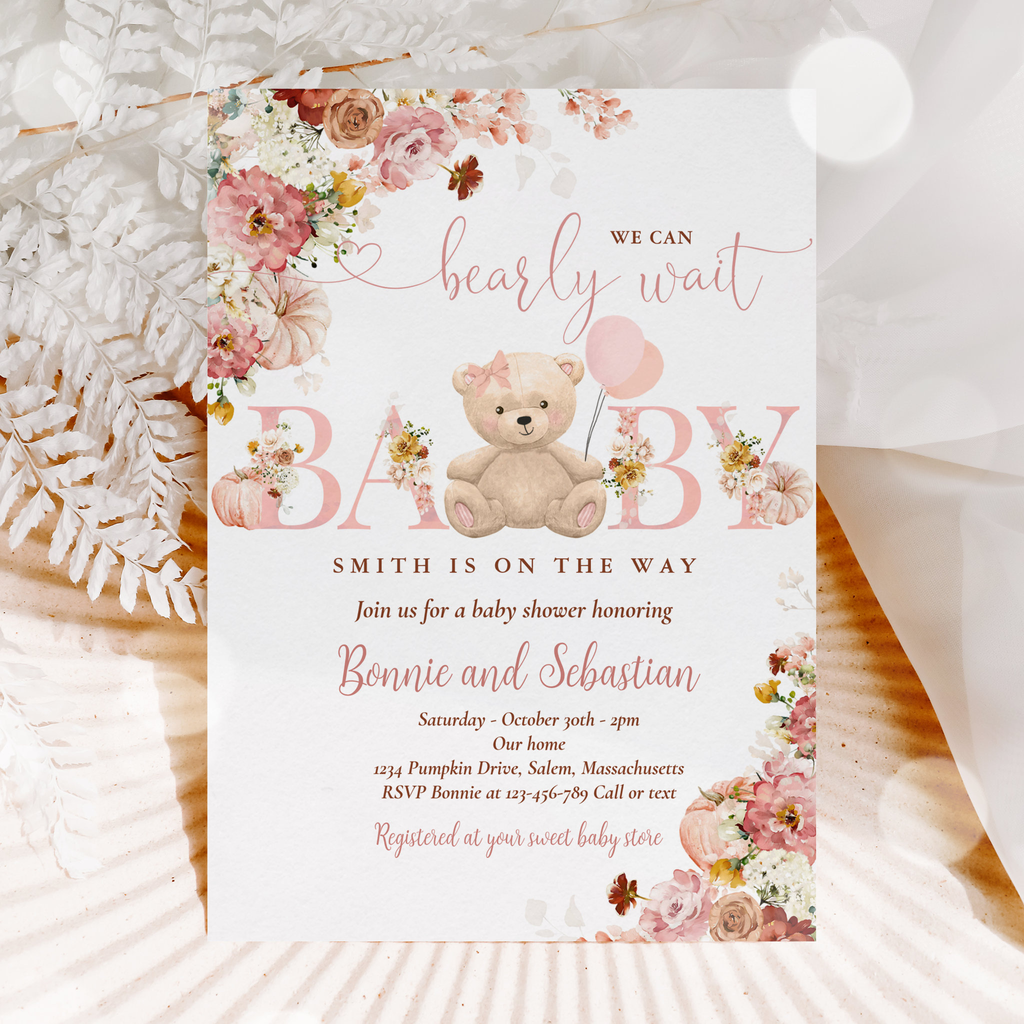 Girl Pumpkin Teddy Bear Floral Fall Baby Shower Invitation