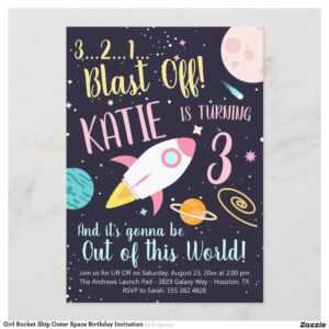 Girl Rocket Ship Outer Space Birthday Invitation