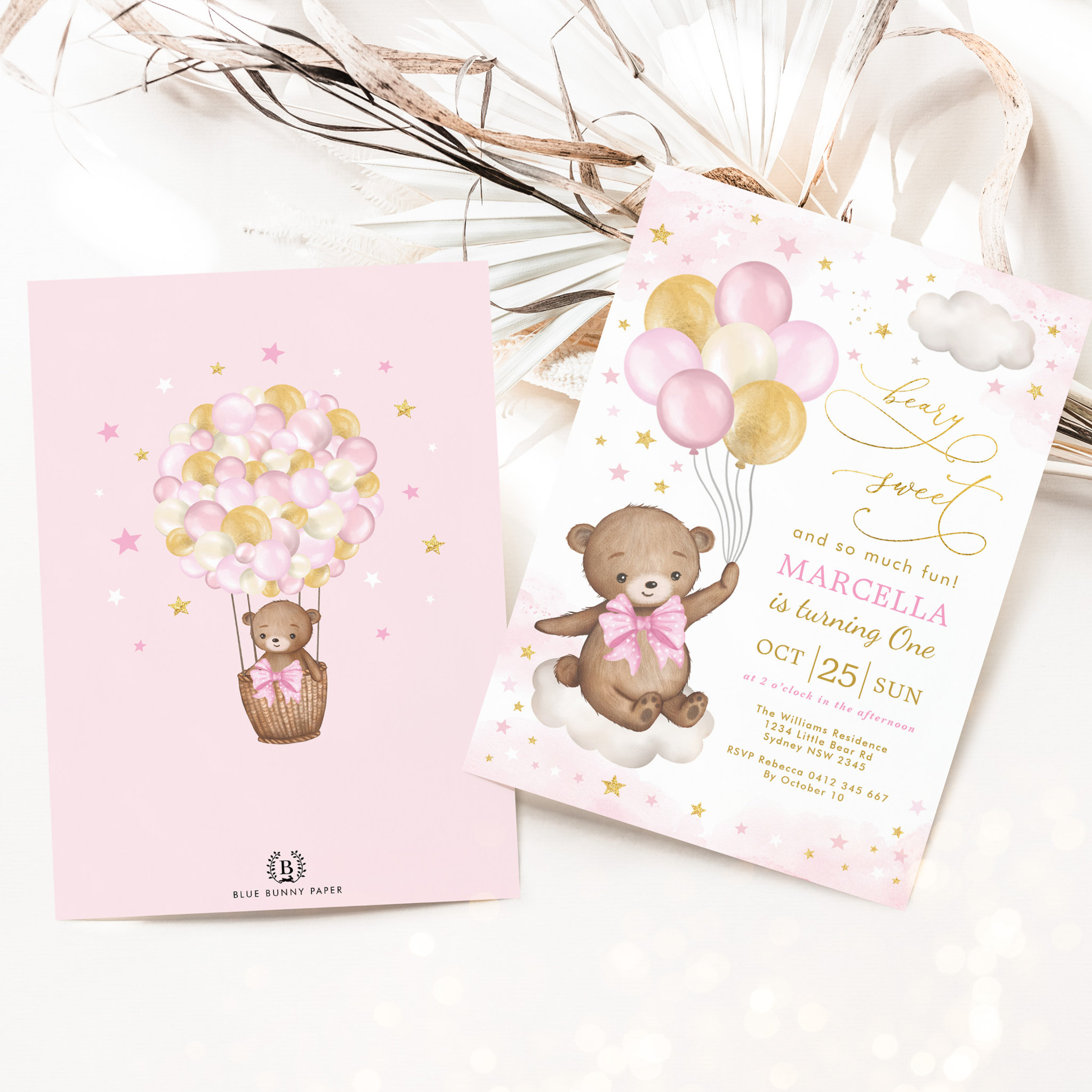 Girl Teddy Bear Pink Gold Balloons 1st Birthday Invitation