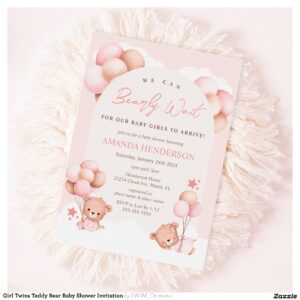 Girl Twins Teddy Bear Baby Shower Invitation