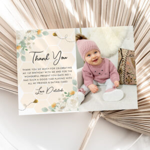 Girls 1st Birthday Bee Day Photo Thank You Card
