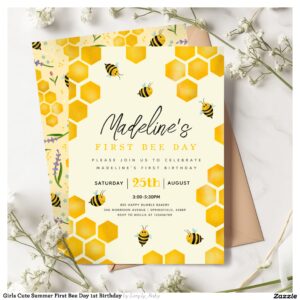 Girls Cute Summer First Bee Day 1st Birthday Invitation