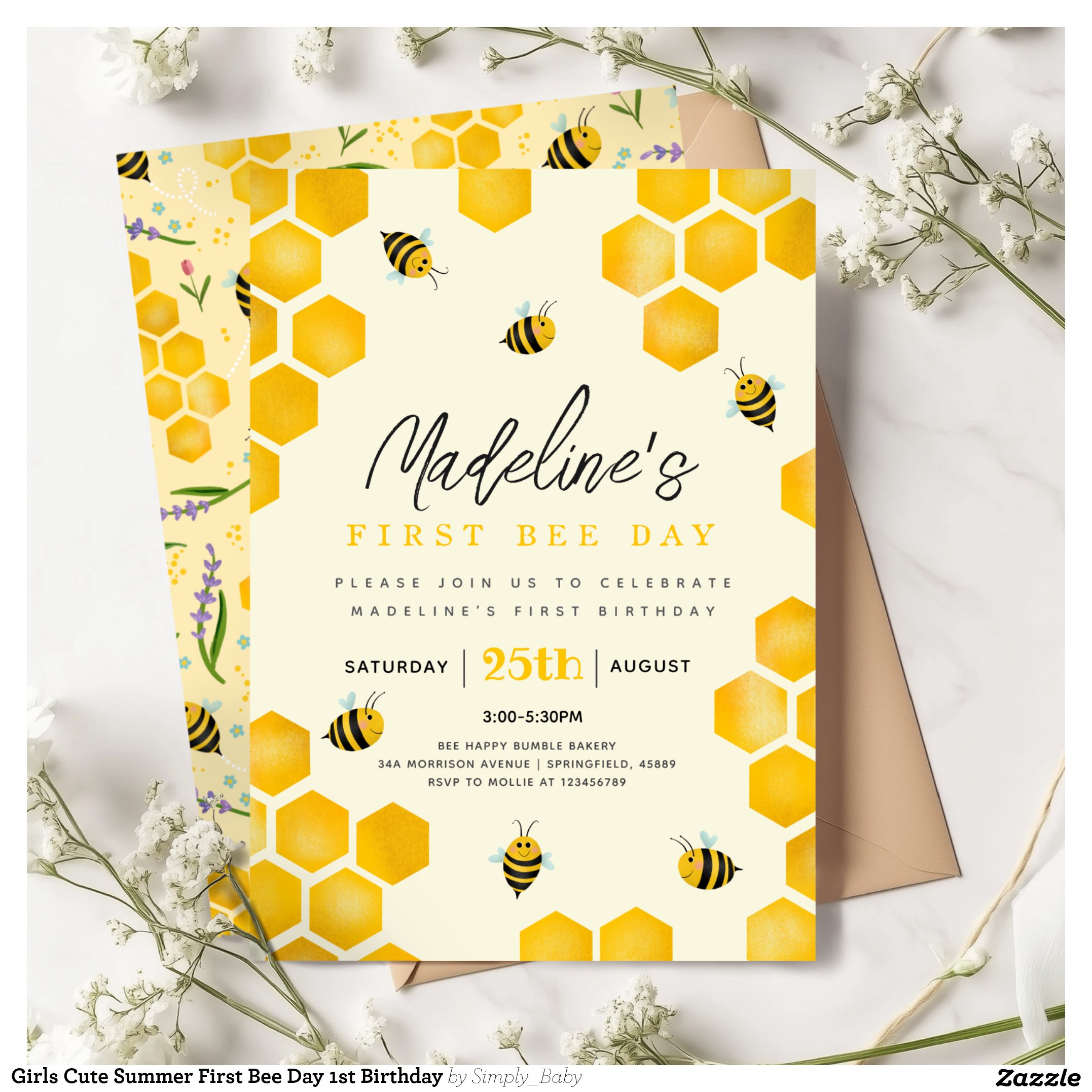 Girls Cute Summer First Bee Day 1st Birthday Invitation