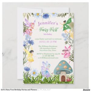 Girl's Fairy First Birthday Fairies and Flowers Invitation