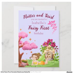 Girls Fairy First Fairytale Mushroom Butterfly Invitation