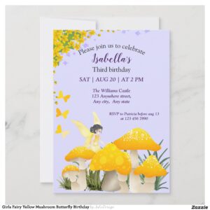 Girls Fairy Yellow Mushroom Butterfly Birthday Invitation