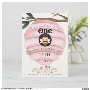 Girls Pink Hive Bee Themed 1st Birthday Invitation