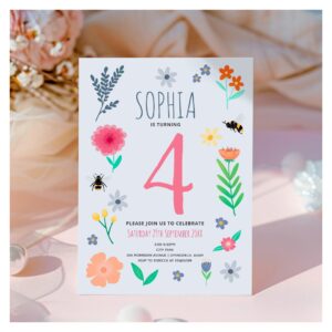 Girls Pink Spring Floral Bee Kids Birthday Invitation