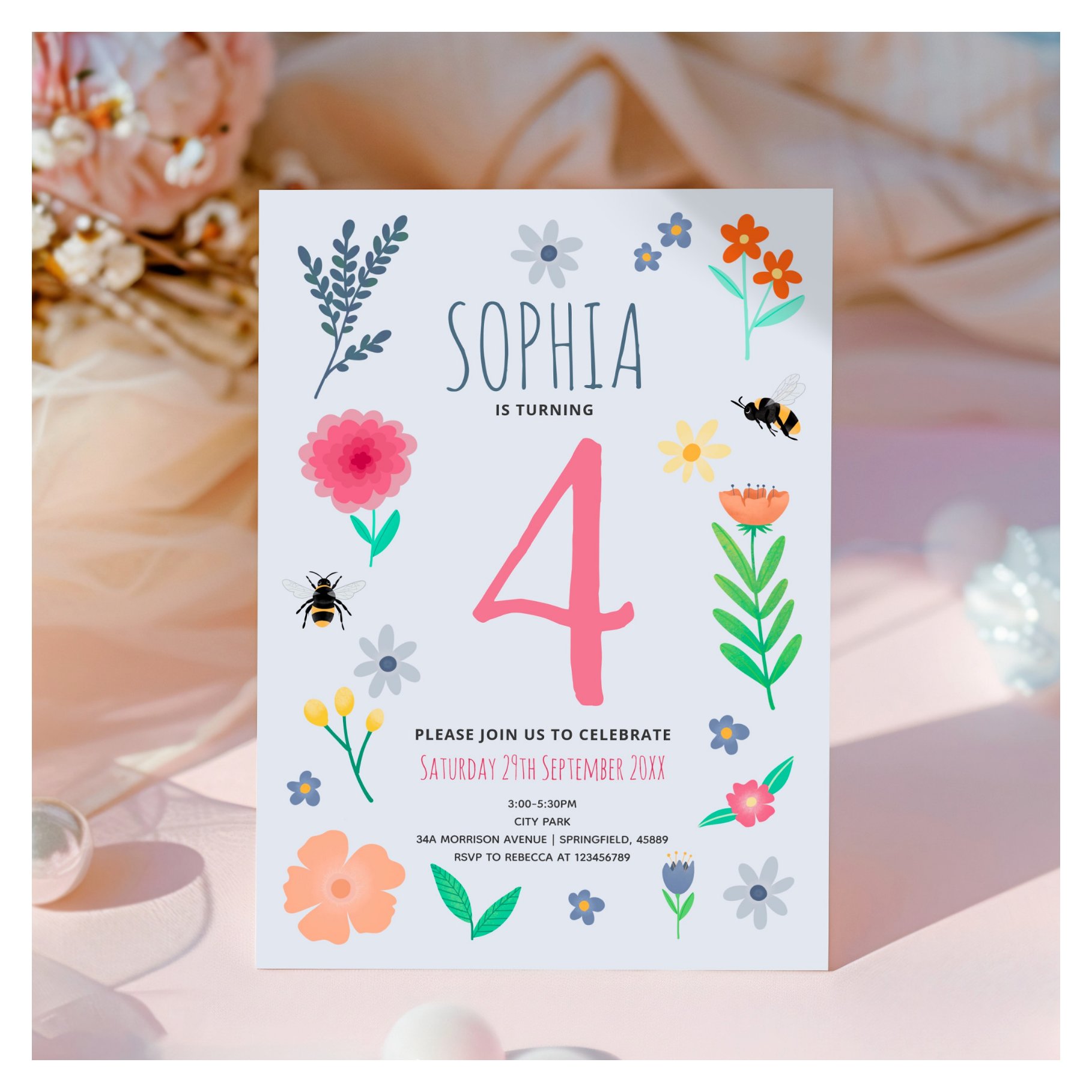 Girls Pink Spring Floral Bee Kids Birthday Invitation