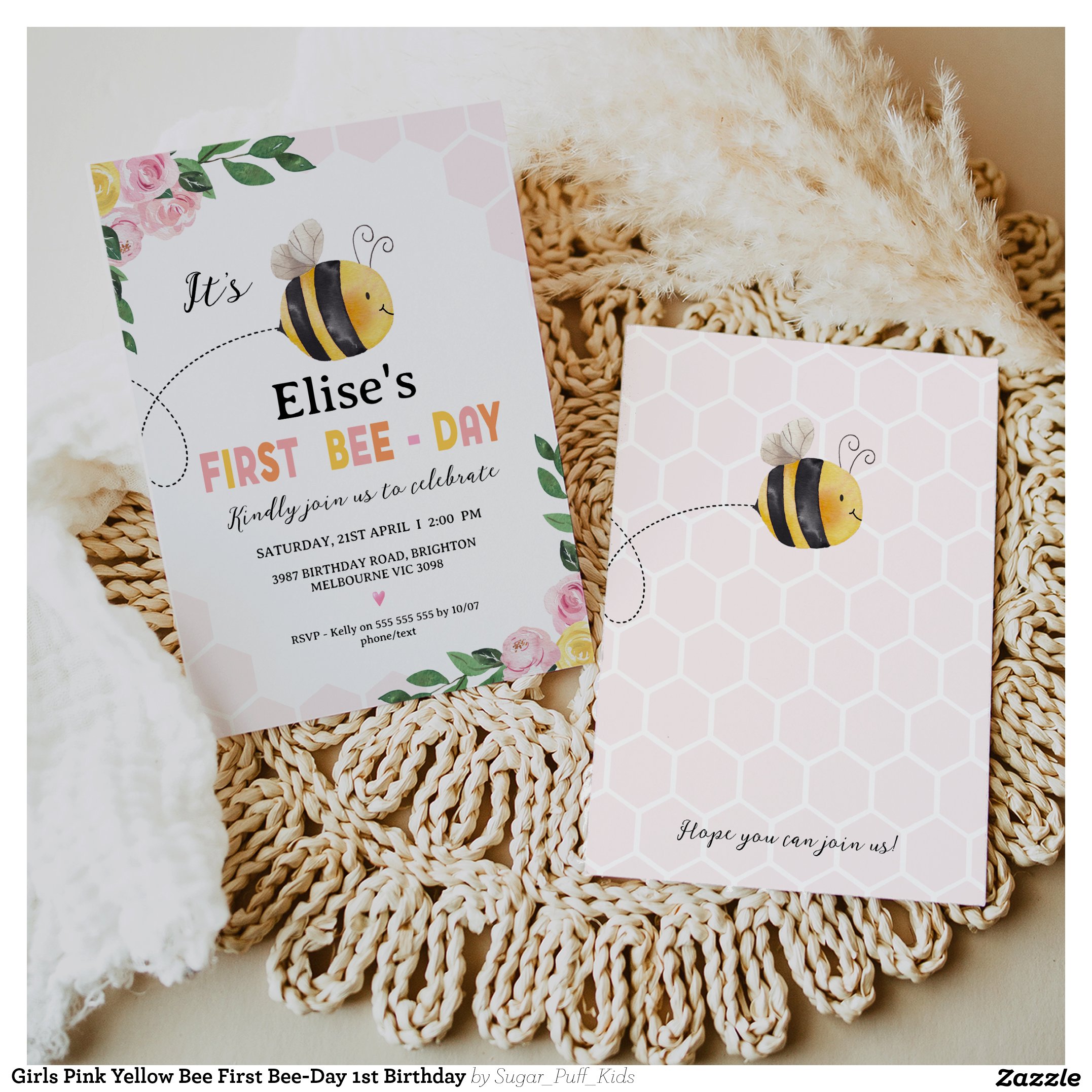 Girls Pink Yellow Bee First Bee-Day 1st Birthday Invitation