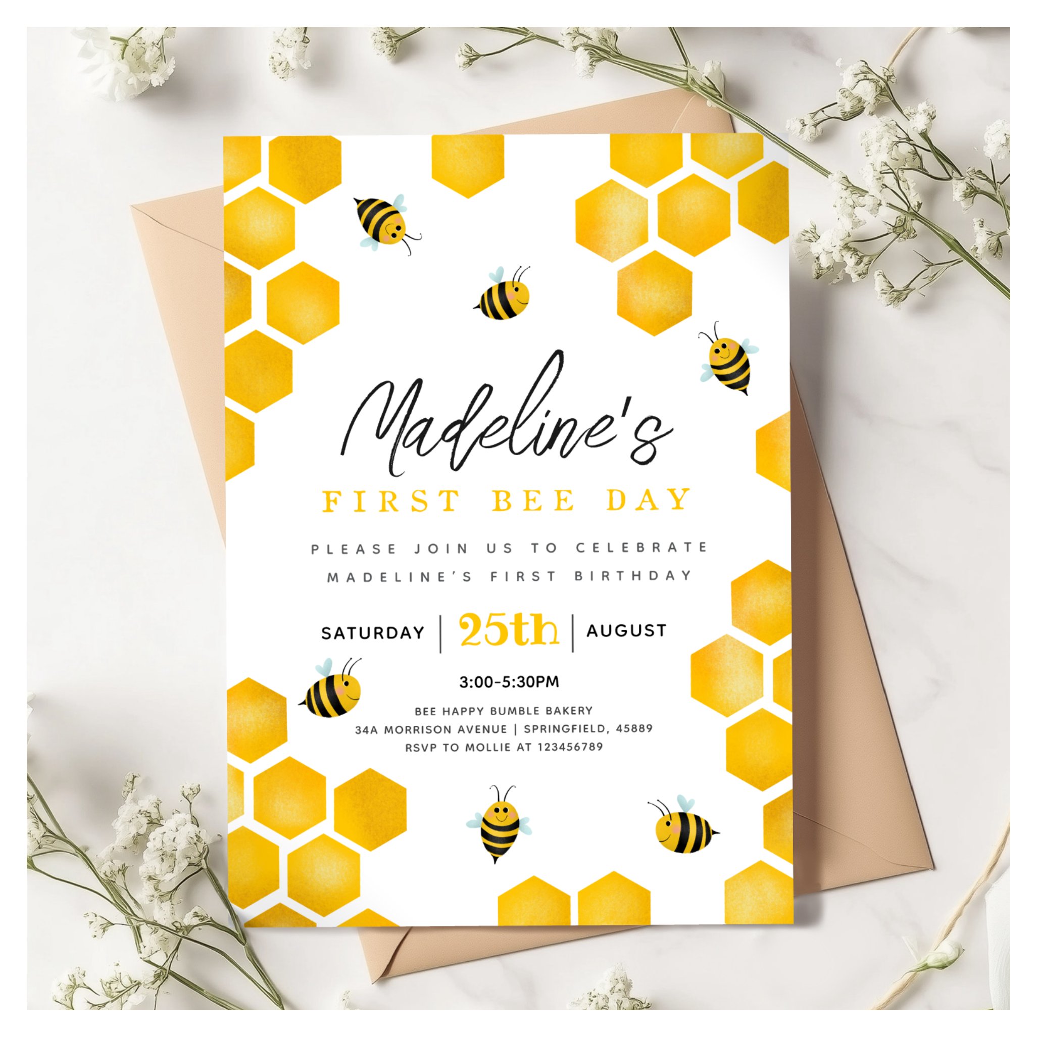 Girls Sweet Summer First Bee Day 1st Birthday Invitation