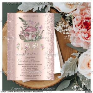 Glitter Confetti Mushrooms Butterflies Baby Shower Invitation