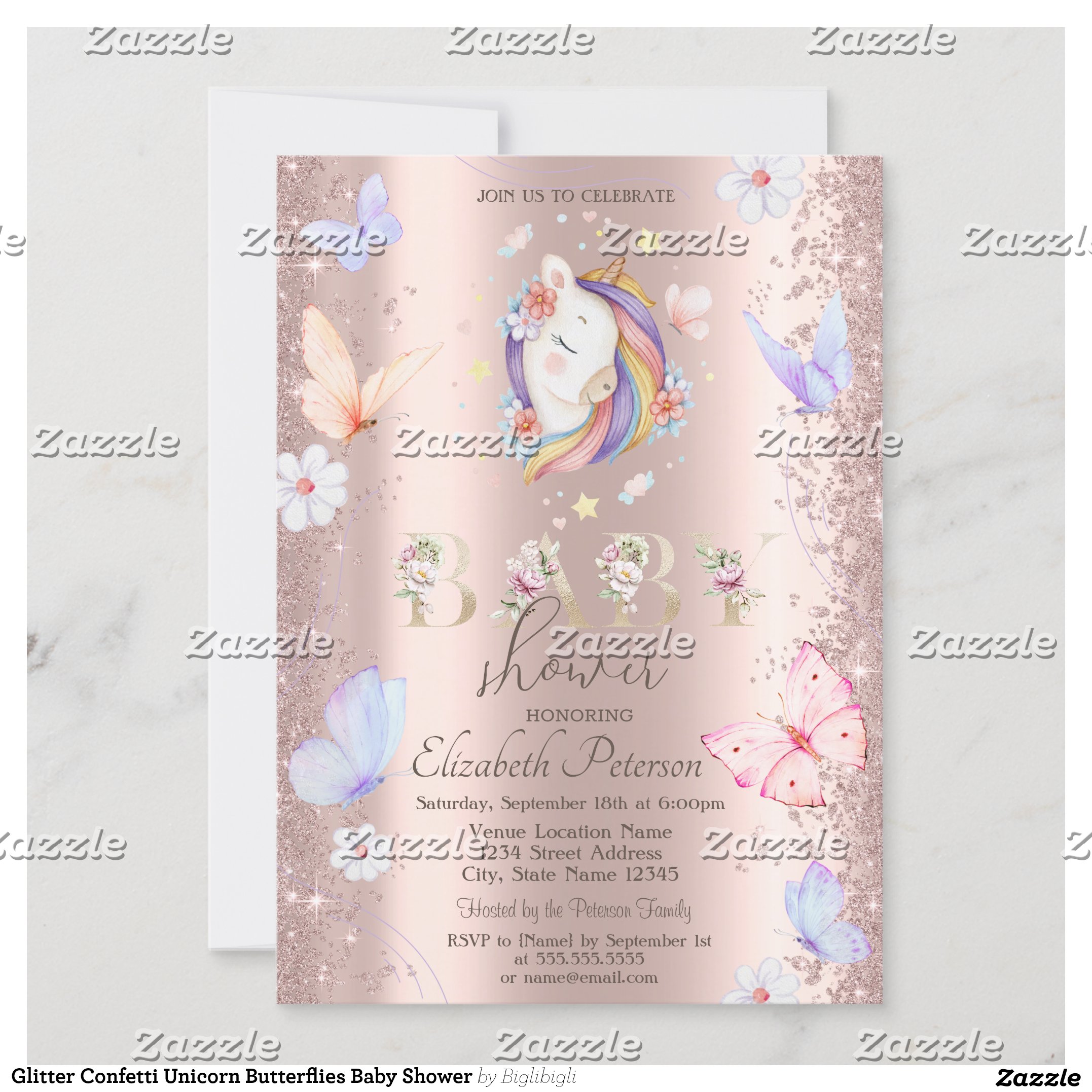 Glitter Confetti Unicorn Butterflies Baby Shower Invitation