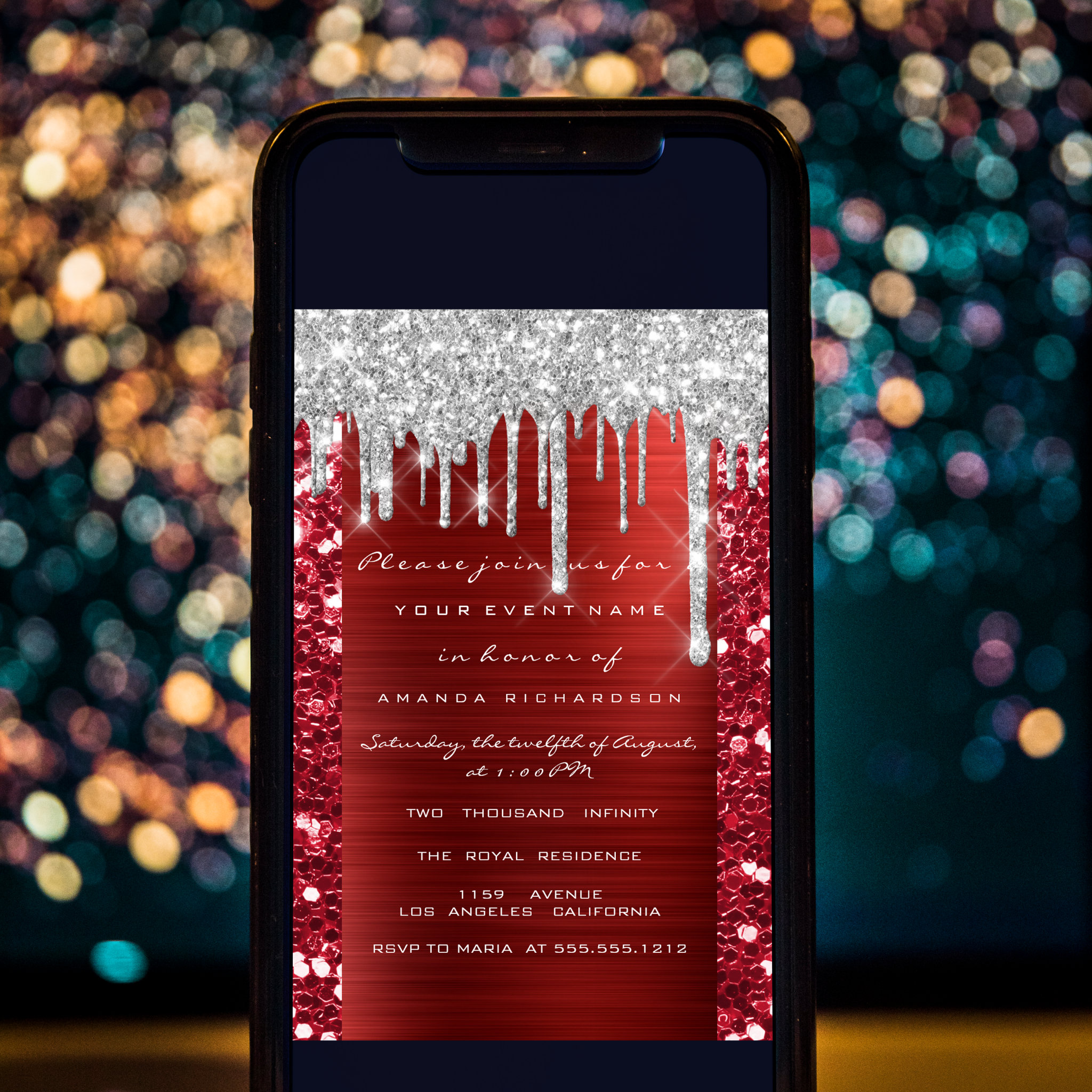 Glitter Drips Silver Red Ruby Bridal Sweet 16th Invitation