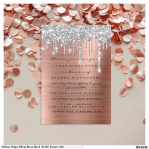 Glitter Drips Silver Rose Gold Bridal Sweet 16th Invitation