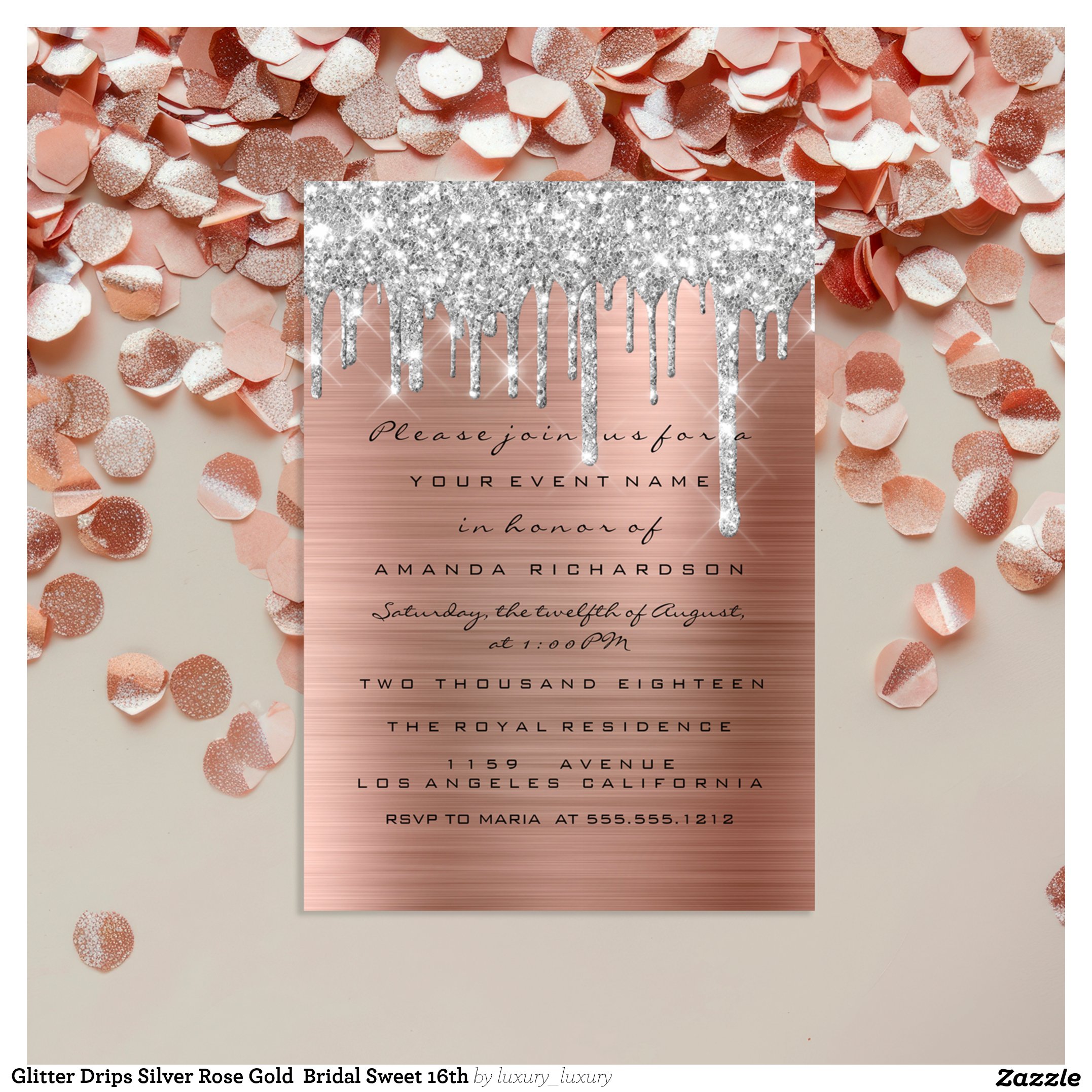 Glitter Drips Silver Rose Gold Bridal Sweet 16th Invitation