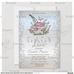 Glitter Mushrooms Butterflies Silver Baby Shower Invitation