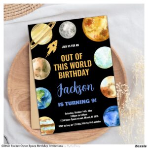 Glitter Rocket Outer Space Birthday Invitations