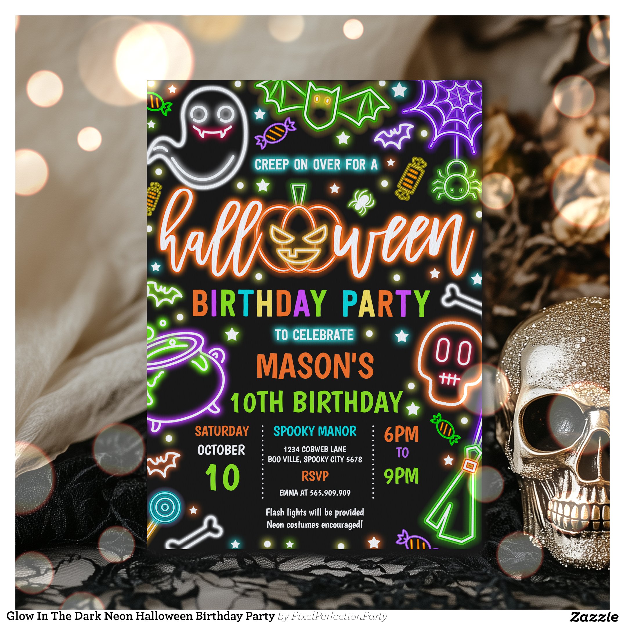 Glow In The Dark Neon Halloween Birthday Party Invitation