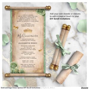Gold and Sage Green Quince DIY Scroll Invitations