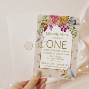 Gold Baby Birds Bumble Bees First Birthday Invitation