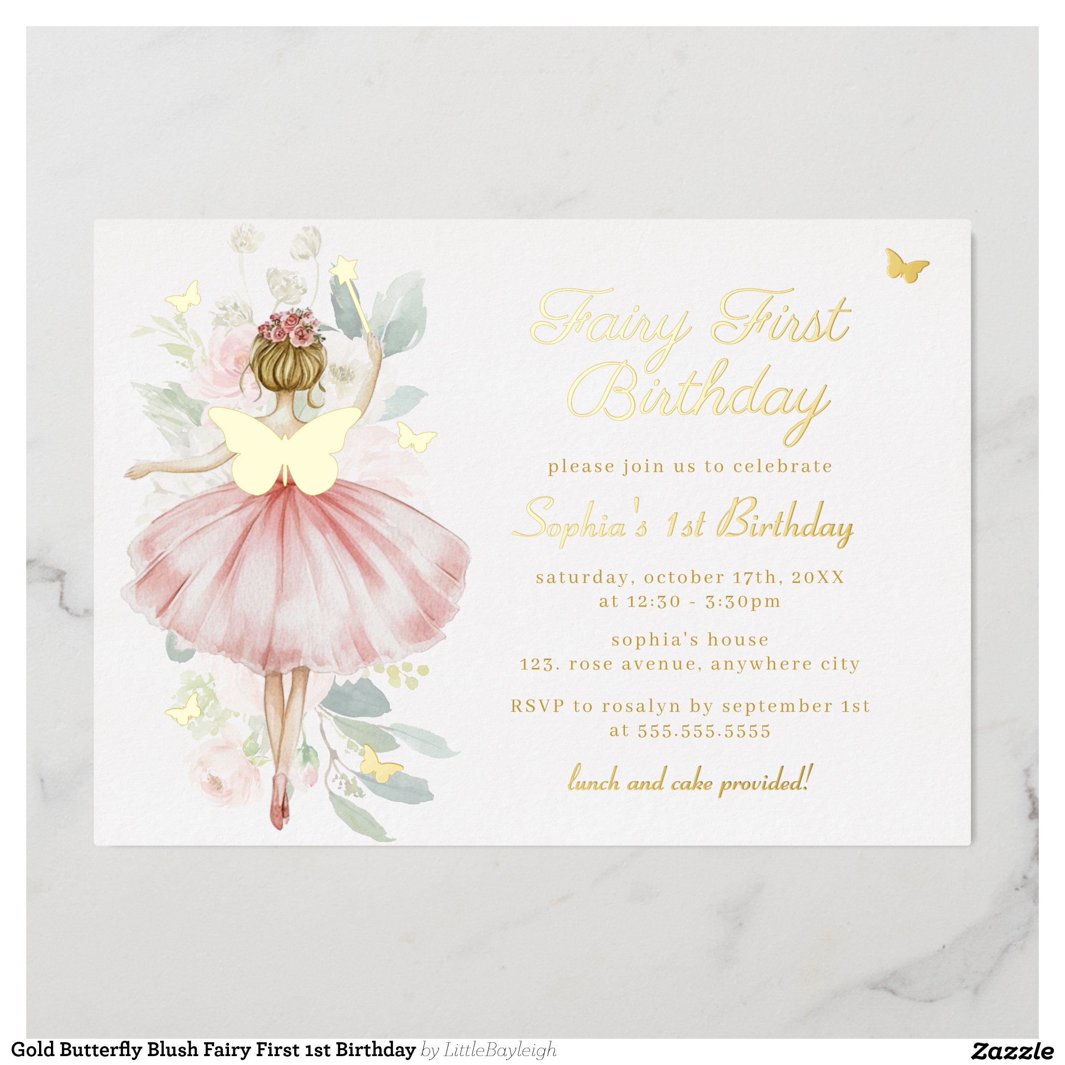 Gold Butterfly Blush Fairy First 1st Birthday Foil Invitation