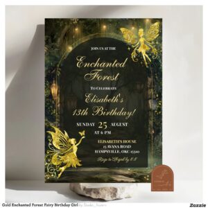 Gold Enchanted Forest Fairy Birthday Girl Invitation