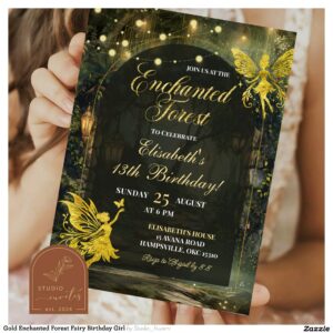 Gold Enchanted Forest Fairy Birthday Girl Invitation
