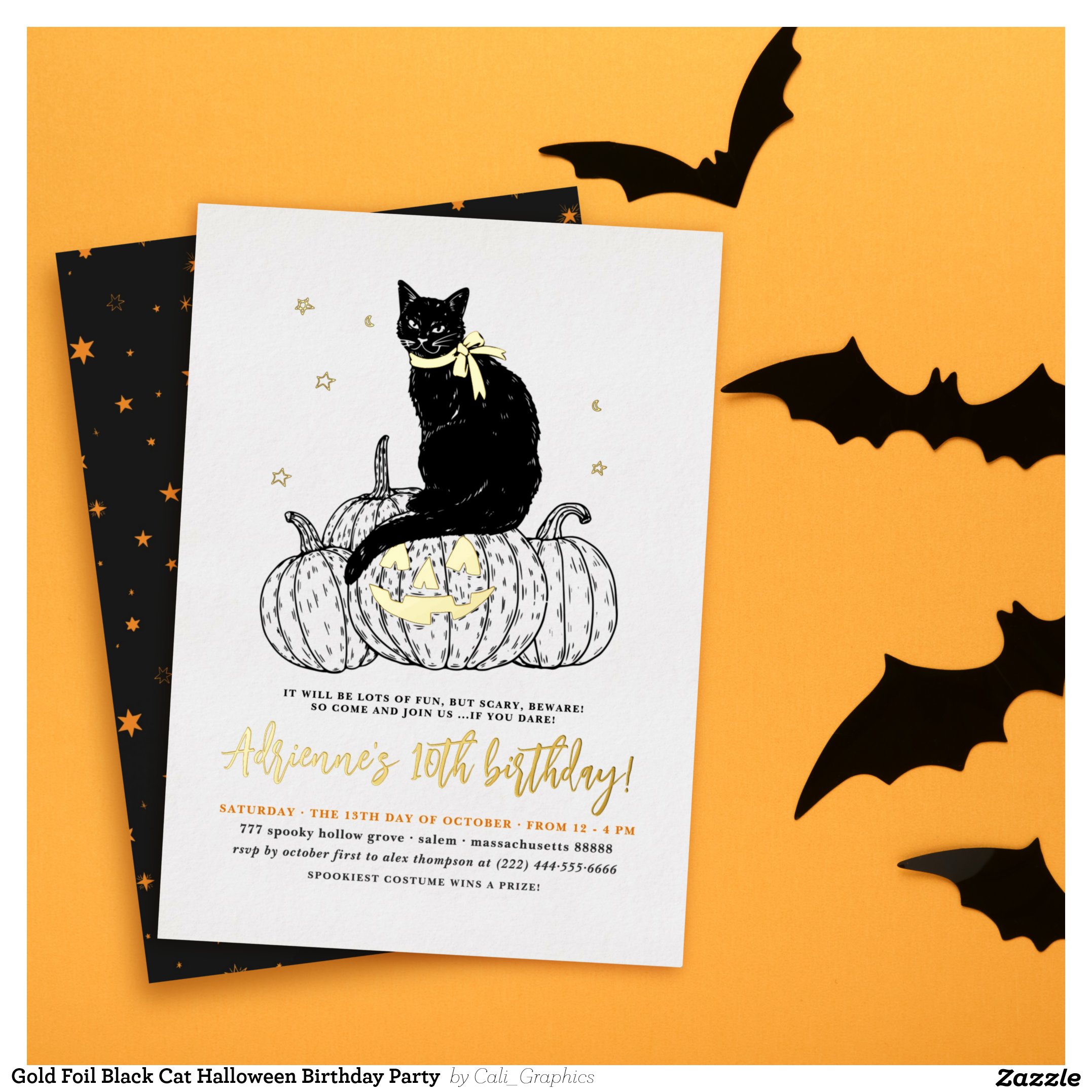 Gold Foil Black Cat Halloween Birthday Party Foil Invitation