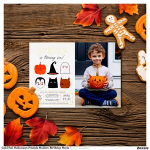 Gold Foil Halloween Friends Modern Birthday Photo Foil Invitation