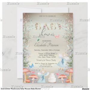 Gold Glitter Mushrooms Baby Mouses Baby Shower Invitation