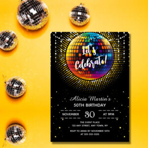 Gold Halftone Disco Ball Let's Celebrate Birthday Invitation